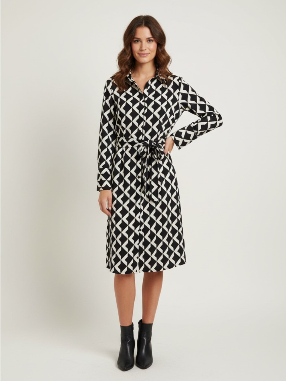 H&M Tie- Belt Shirt Dress With White and Black Geometric Classic Design